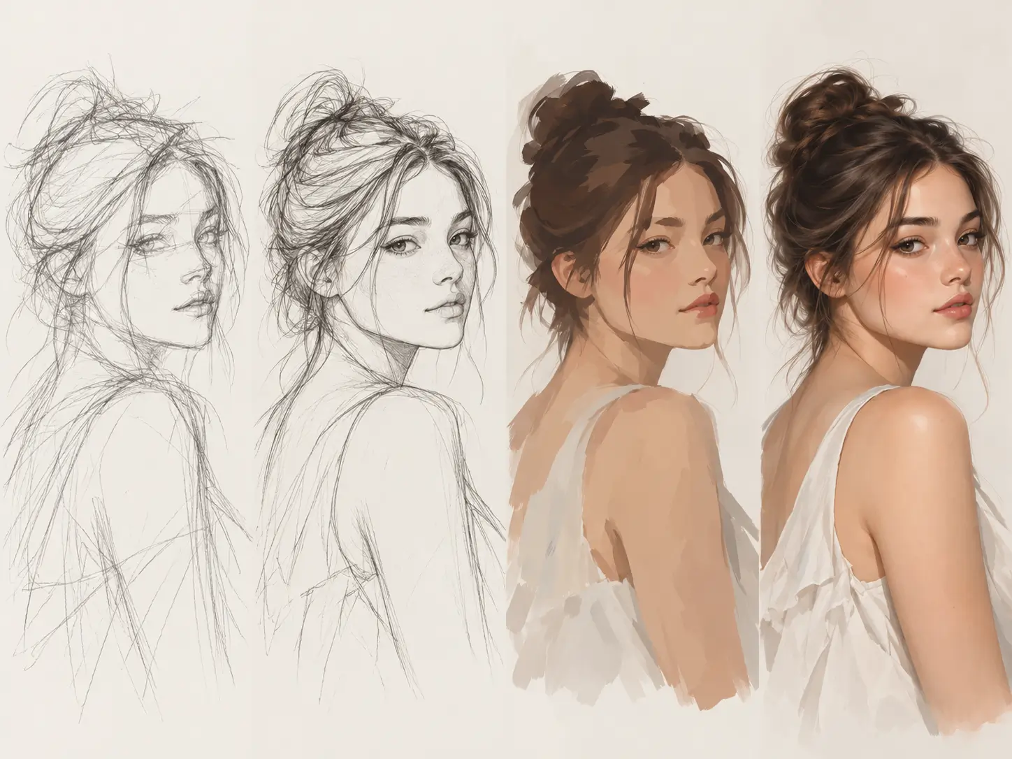 Four stages of a portrait from rough sketch and clean line art to color blocking and finished painting.