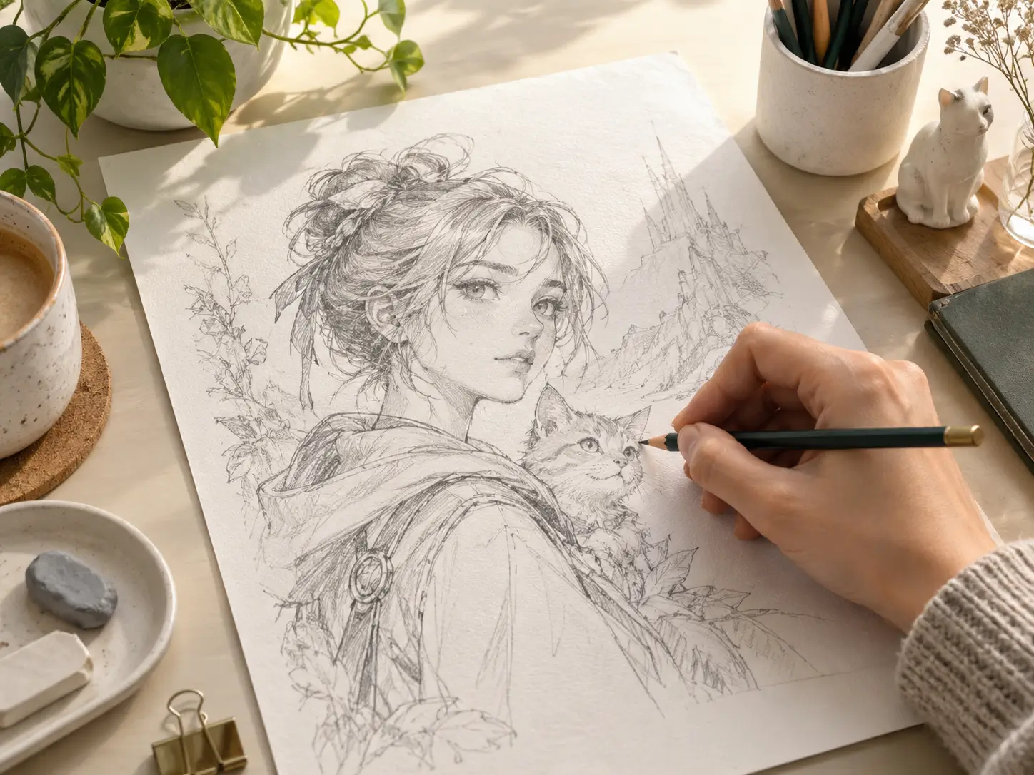 A hand holding a pencil above a fantasy portrait sketch on a sunlit desk.